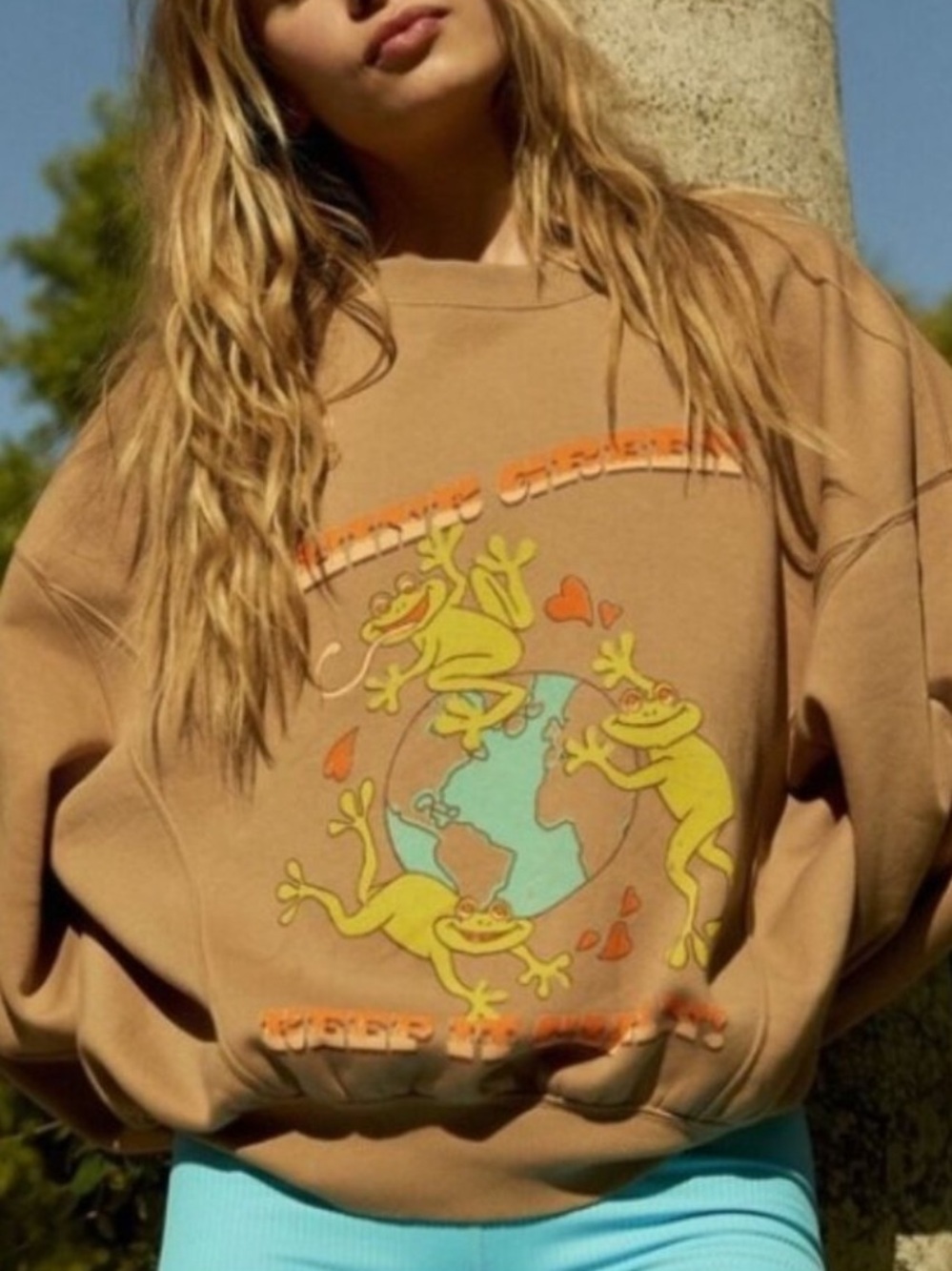 Urban Outfitters Oversized Brown Crewneck Sweatshirt Think Green Frog Earth Day
